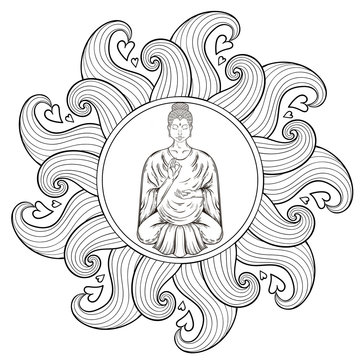 Vector Sitting Buddha in Lotus pose, in waves mandala, teaching