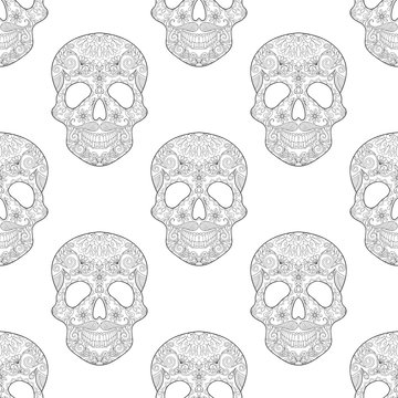 Zentangle stylized  Skull for Halloween, seamless pattern with a