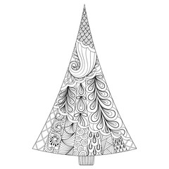 Zentangle stylized Christmas tree. Freehand ethnic vector illust