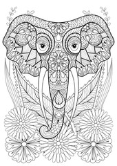 Zentangle stylized elephant head on flowers. Hand drawn ethnic a