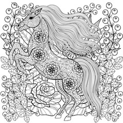 Zentangle stylized Unicorn on roses, sunflowers. Freehand sketch