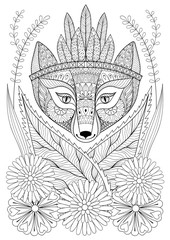 Zentangle wild fox with indian war bonnet in grass and flowers.
