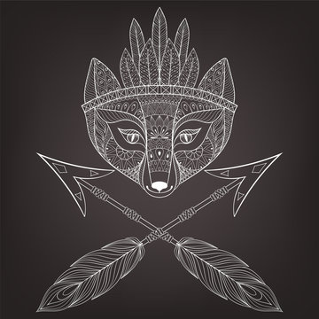 Zentangle vector fox head with indian war bonnet and arrows. Han