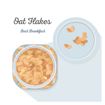 Oat Flakes in a glass jar. Vector illustration, flat lay.