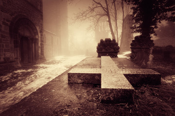 Ancient Monastery in Fog during Winter, Nostalgic Toning and grain added