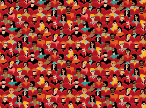 Auditorium audience hall large group people color seamless pattern.