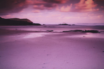 Early morning view of the beach at Polzeath Vintage Retro Filter