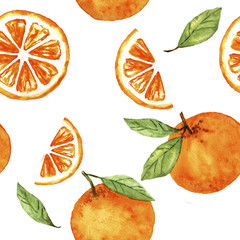 watercolor pattern of citrus orange fruit and leaves on white