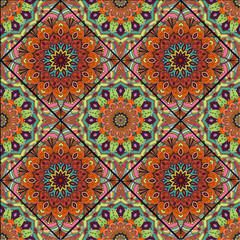 Boho tile flower squares brown green