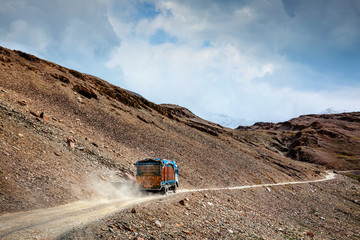 Manali-Leh Road in Indian Himalayas with lorry