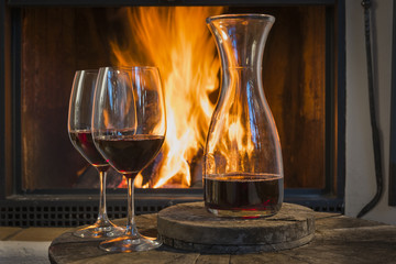 red wine relaxing fireplace