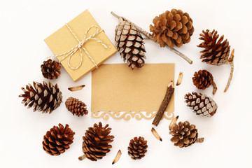 Obraz na płótnie Canvas Top view of pine cones, gift box and blank card