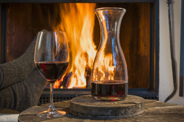 red wine relaxing fireplace