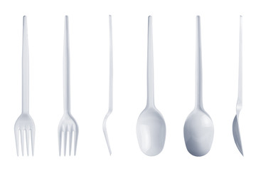 Plastic spoon and fork set isolated on white