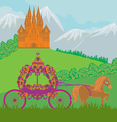  horse carriage and a medieval castle