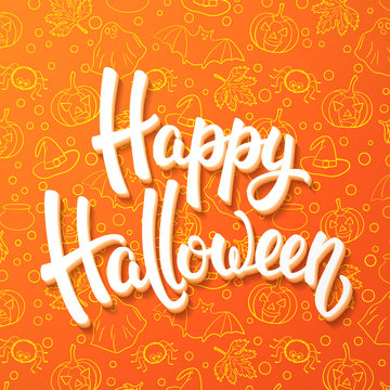 Halloween brush lettering. White 3d letters on orange background with pumpkins, cauldrons, bats, ghosts, spiders. Decoration for Halloween greeting cards design. Vector illustration.