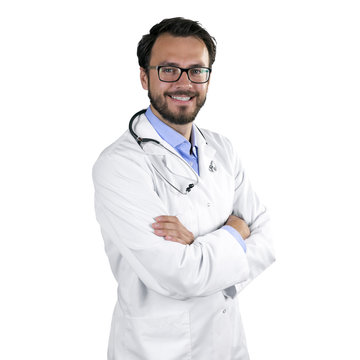 Portrait Of Young Happy Doctor Isolated On White