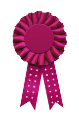 Blank, pink rosette isolated on white background with copy space