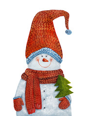 Snowman with Christmas tree. Watercolor illustration - 119889548