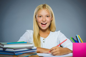 school concept. Closeup portrait successful happy girl draws pencil