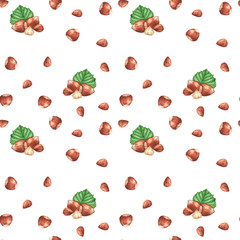 Hand-drawn watercolor seamless pattern with different hazelnuts on the white background. Repeated background