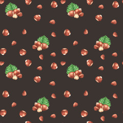 Watercolor hand-drawn pattern. Repeated background with hazelnuts on the dark background