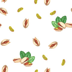 Hand-drawn watercolor seamless pattern with different pistachios on the white background. Repeated background