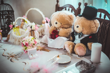 Wedding accessories. Ring box, gold rings and flowers for bridesmaids. Selective focus