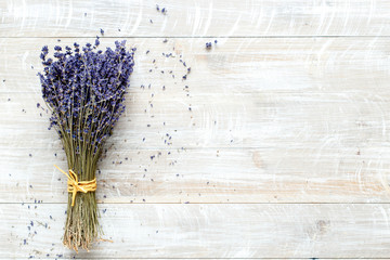 bouquet of lavender on a wooden table top view