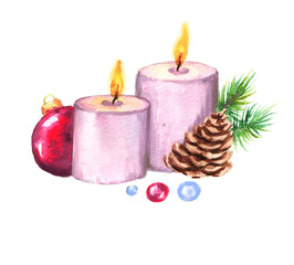 Obraz na płótnie Canvas Hand-drawn watercolor holiday illustration with violet candles and cone. New Year illustration - excellent for greeting card.