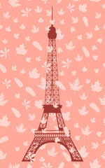 Eiffel Tower on the background of autumn leaves. Seamless pattern with leaves in the background. Vector illustration.