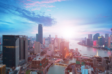 Fototapeta premium Aerial photography at Shanghai bund Skyline of sunrise