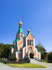 Fototapeta na wymiar Church of Saint Gorazd, Olomouc, Czech Republic / Czechia, Central Europe - sacral building, orthodox church. Is is made in neo-byzantine russian style 