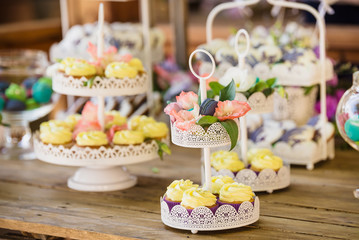 Delicious candy bar Dessert table for outdoor party. Ombre cake, cupcakes, sweetness, berries and flowers