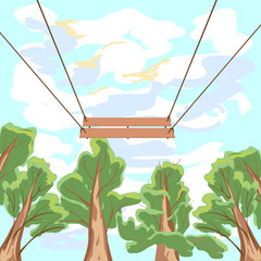 Swinging the swing on the background of trees and sky