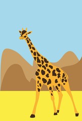 Yellow giraffe and brown mountains. Vector