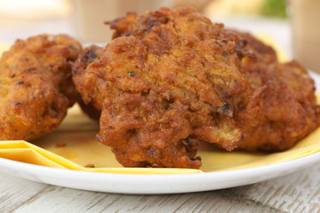 Onion Bhajis a spicy Indian snack of onions fried in batter