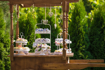 Decorative wooden cart in the garden and candy bar