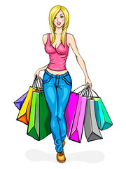 Girl blonde, carries a lot of shopping bags