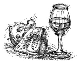 Still life with cheese and wine. Sketchy style. Hand drawn graphic illustration in vector. Ink drawing.