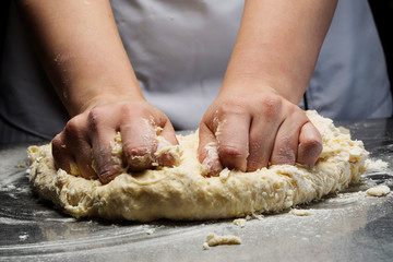 Woman hands kneading dough.