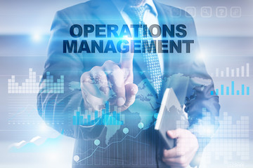 Businessman is pressing button on touch screen interface and selecting 