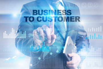 Businessman is pressing button on touch screen interface and selecting 