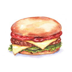 Hand-drawn watercolor illustration of the fresh tasty cheeseburger with salad leaves and tomatoes. Isolated on the white background