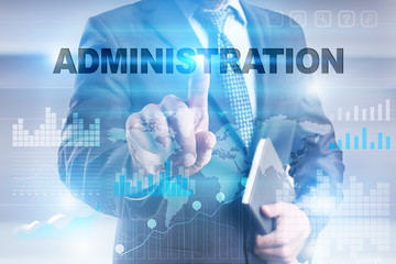 Businessman is pressing button on touch screen interface and selecting 