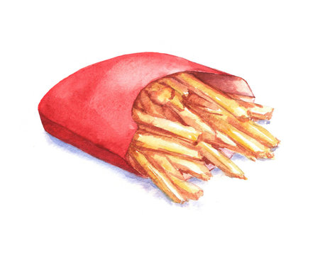 Hand-drawn watercolor illustration of fresh French fries. Isolated drawing of fried potatoes on the white background