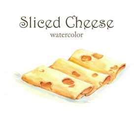Hand-drawn watercolor food illustration. Sliced cheese isolated on the white background. Ingredient drawing