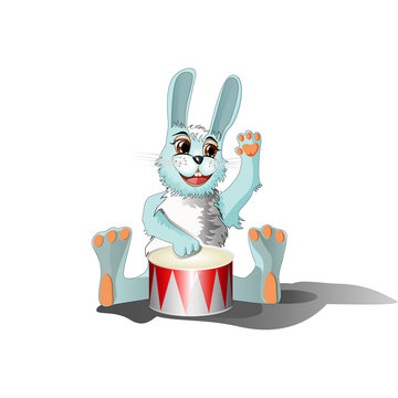Funny rabbit musician playing big drum. Hand drawn vector cartoon illustration.