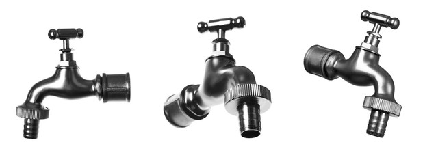 Collage of water faucets on white background.