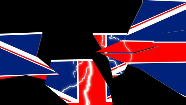 Union Jack zerbricht wie Glas mit Blitz